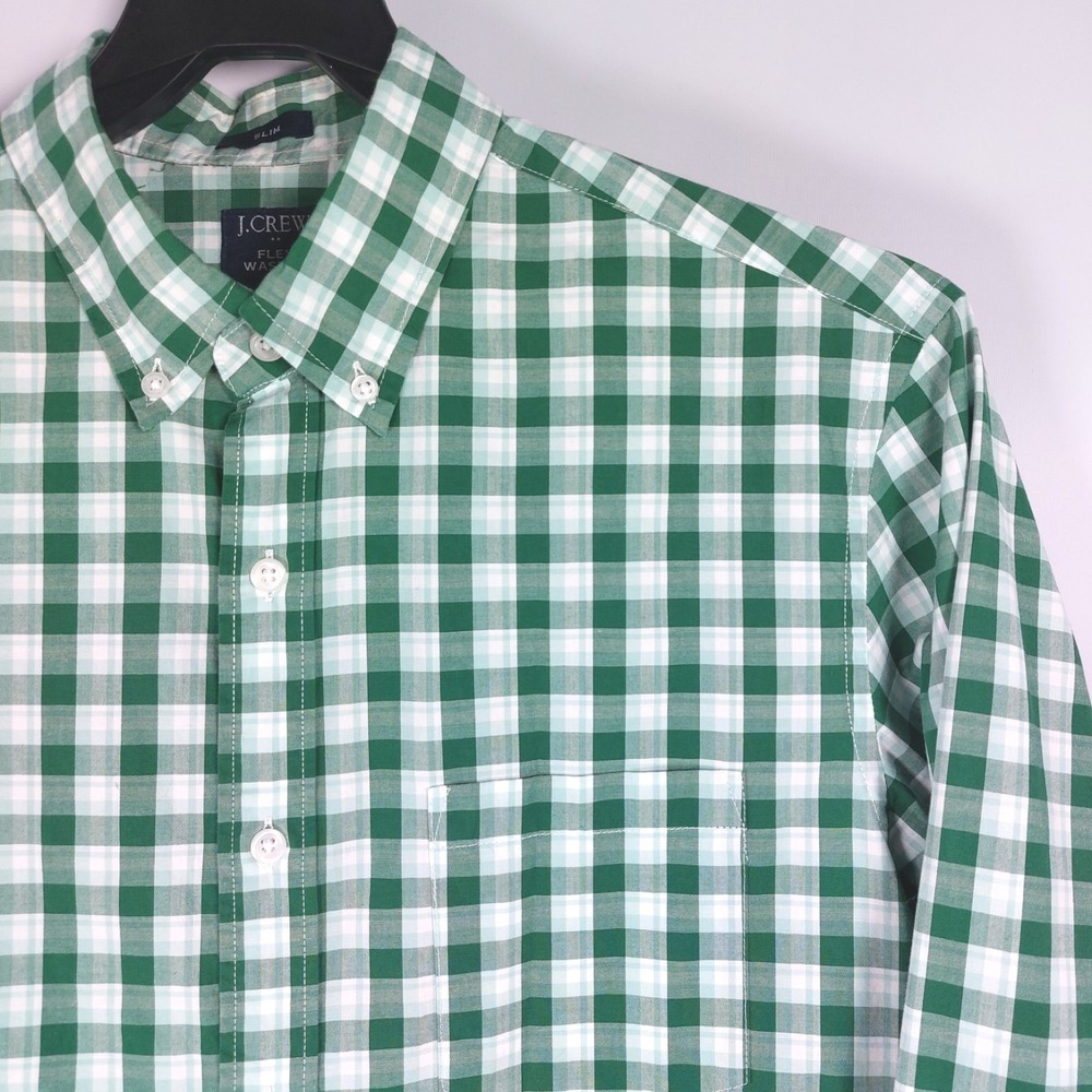 J.CREW Flex Washed Slim Fit Shirt Mens Med Green White Check Button-Down Cotton